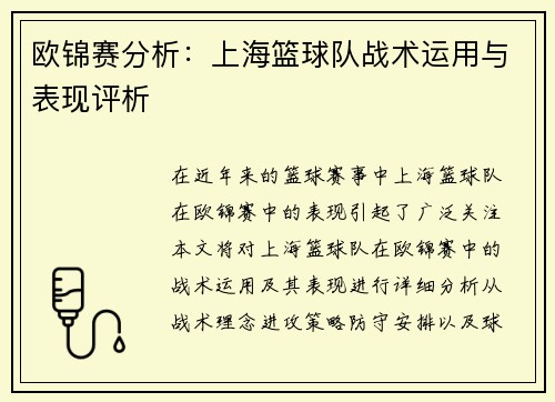 欧锦赛分析：上海篮球队战术运用与表现评析