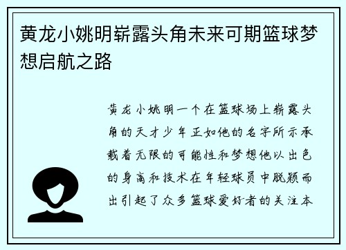 黄龙小姚明崭露头角未来可期篮球梦想启航之路